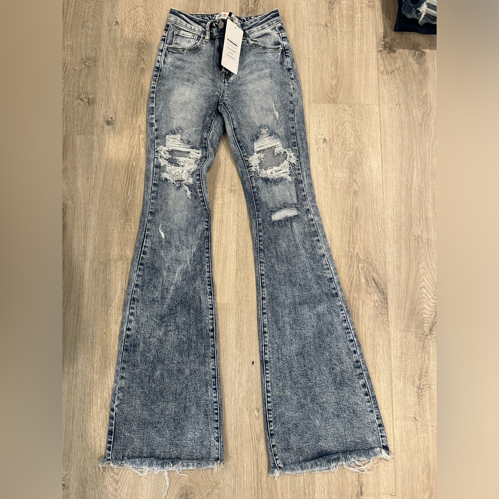 Risen X Freckled Poppy Distressed Flare Jeans